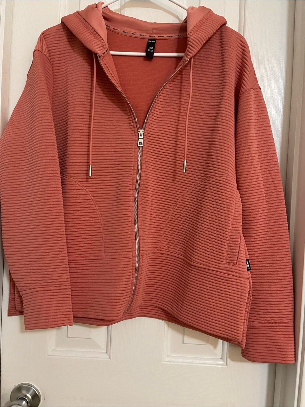 DKNY Ribbed Zip-Up Hoodie Jacket in Coral Rose